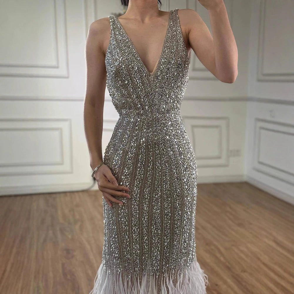 Luxury Silver Feather Mermaid V-Neck Evening Dress LA60749