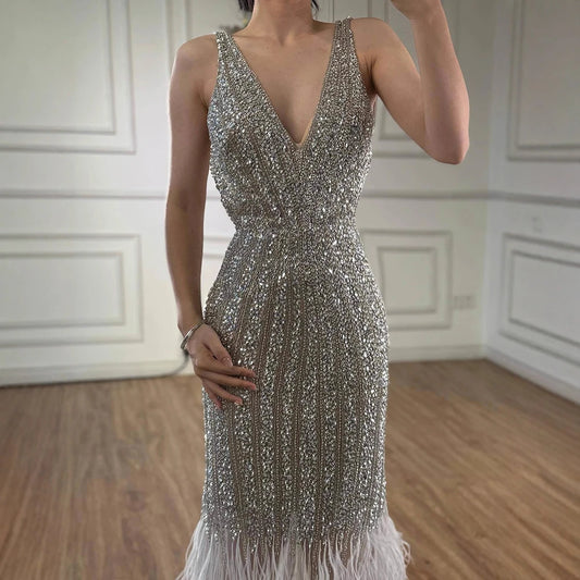 Luxury Silver Feather Mermaid V-Neck Evening Dress LA60749