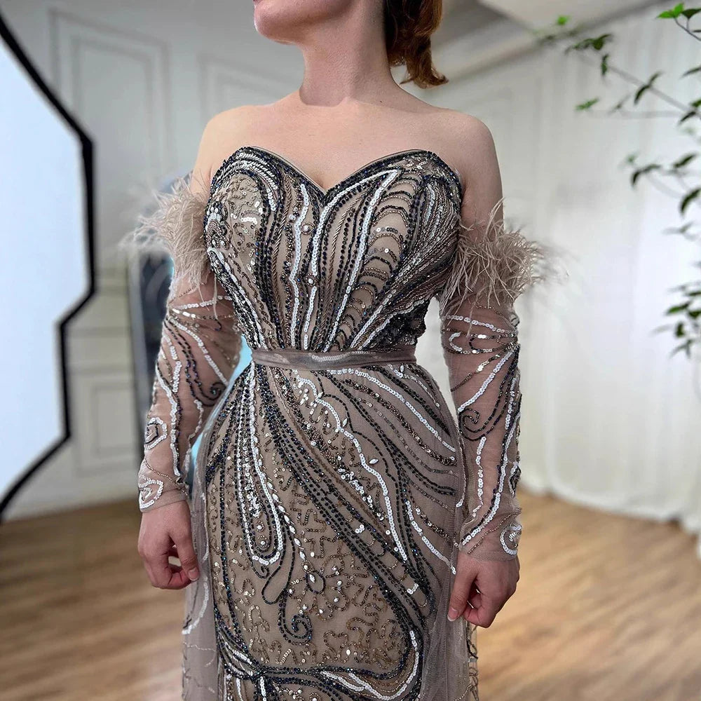 Luxury Arabic Nude Mermaid High Split Feather Beaded Evening Dress LA71910