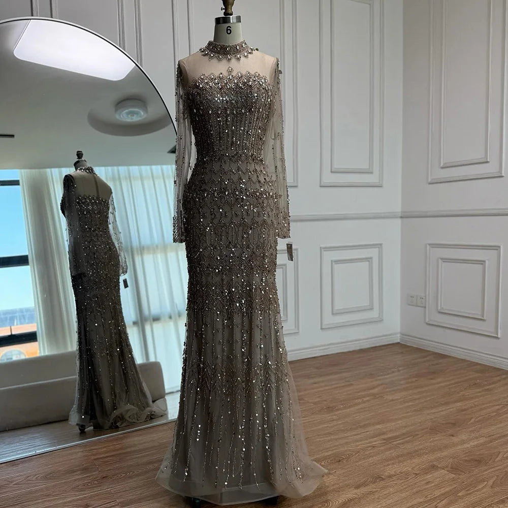 Luxury Arabic Turquoise Beaded Mermaid Evening Dress Long Sleeve LA72714C