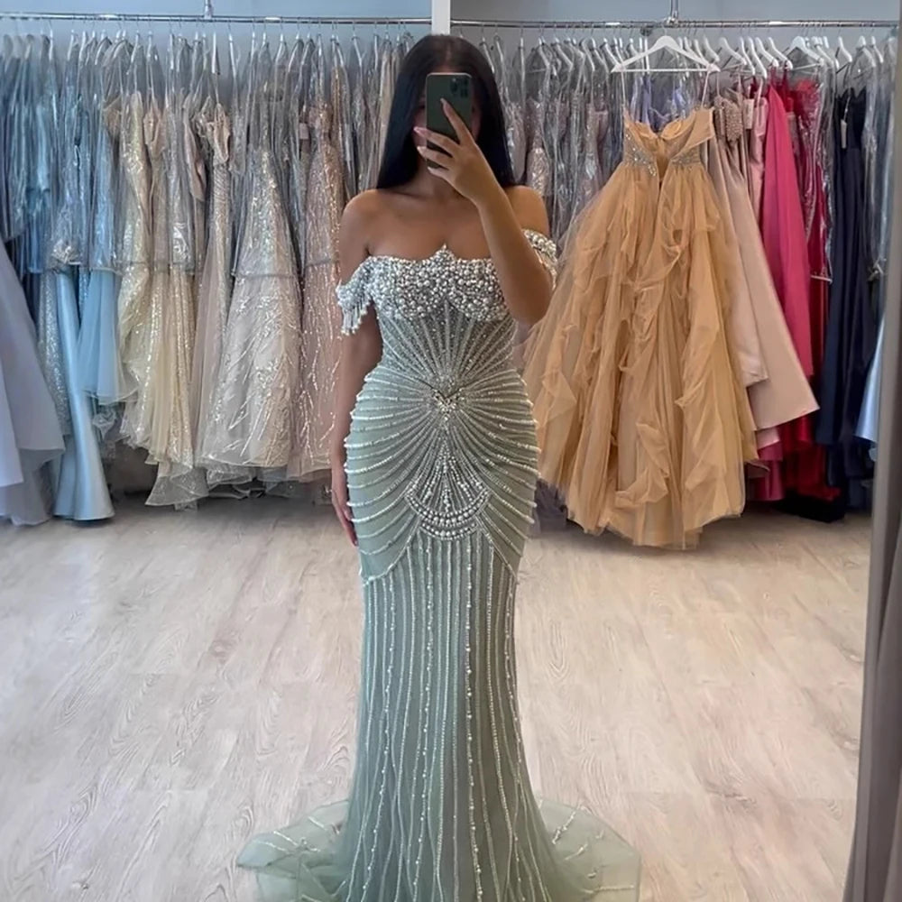 Luxury Sage Green Pearls Beaded Mermaid Evening Dress Off Shoulder LA73148