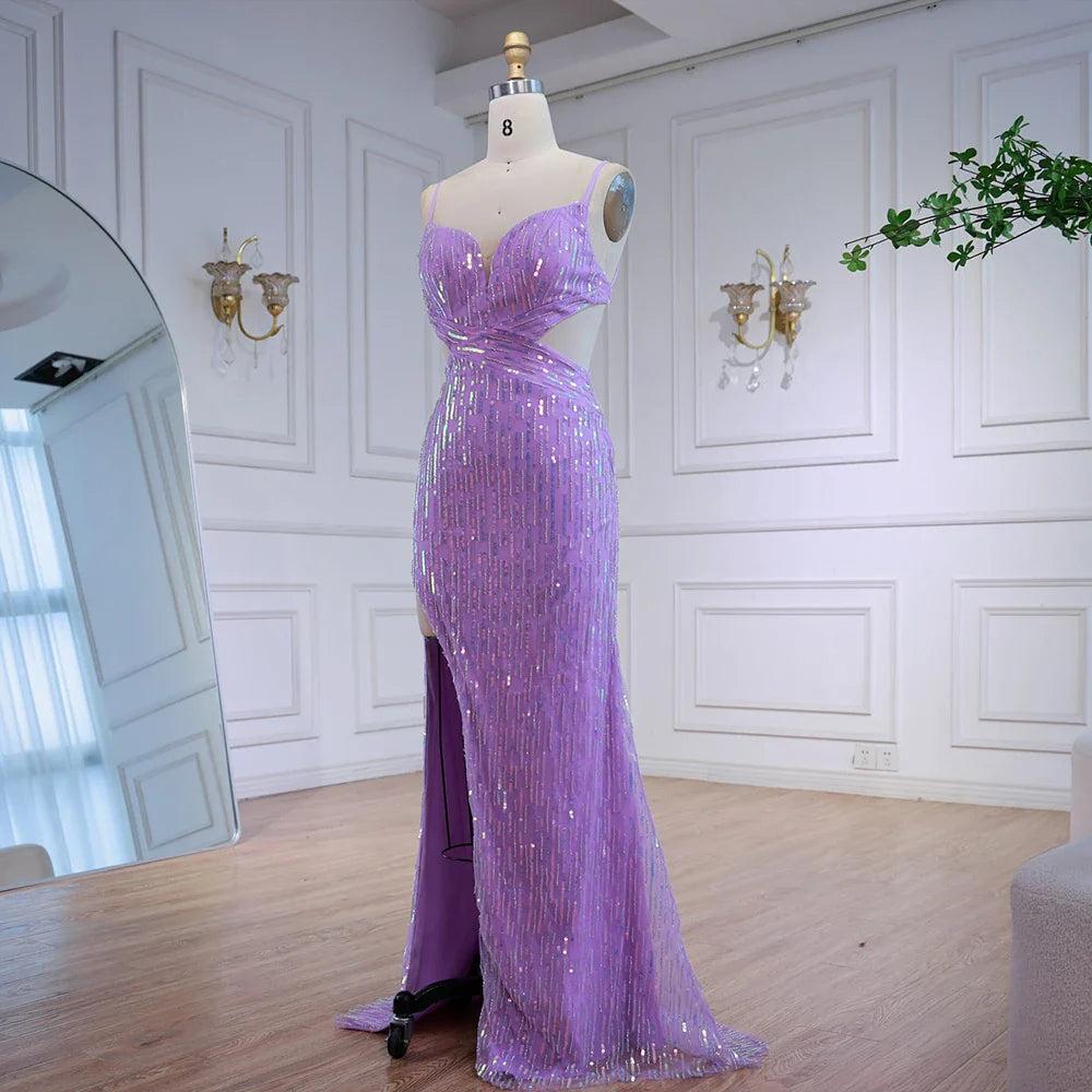 Luxury Purple Sequin Prom Dress with Slit and Cutout Waist LA73000