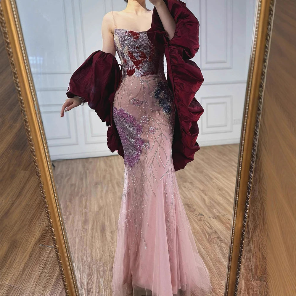 Luxury Designer Dreamy Pink Evening Dress With Cape Sleeves LA72850