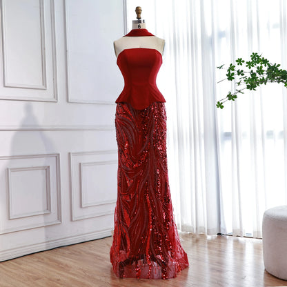 Luxury Wine Red Mermaid Evening Dress With Gloves LA73050E