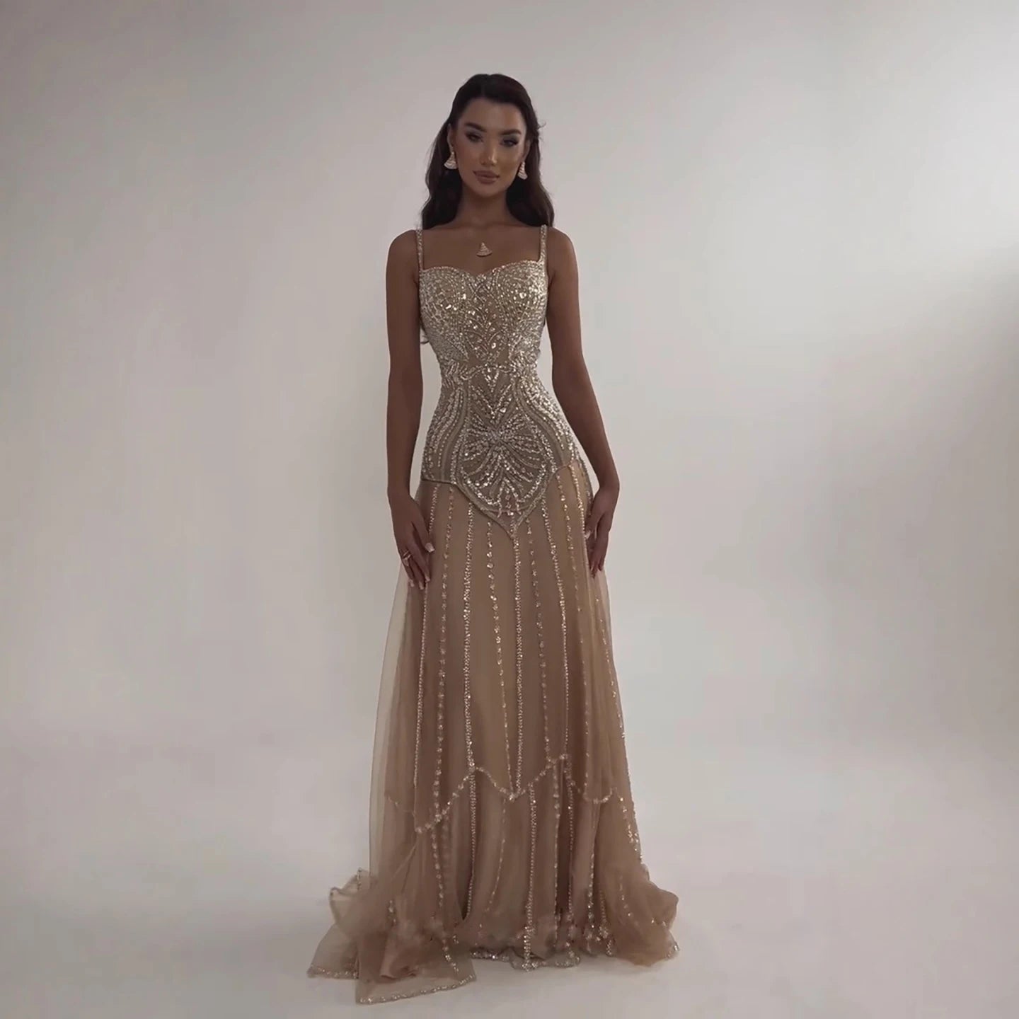 Luxury Nude Beaded A-Line Evening Dress for Women Party LA73189A