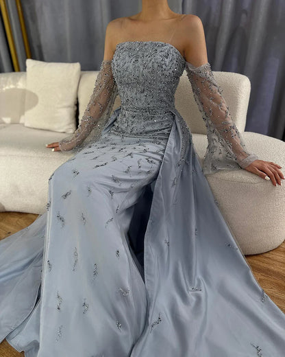 Luxury Blue Beaded Pearls Evening Dress with Removable Overskirt LA72705