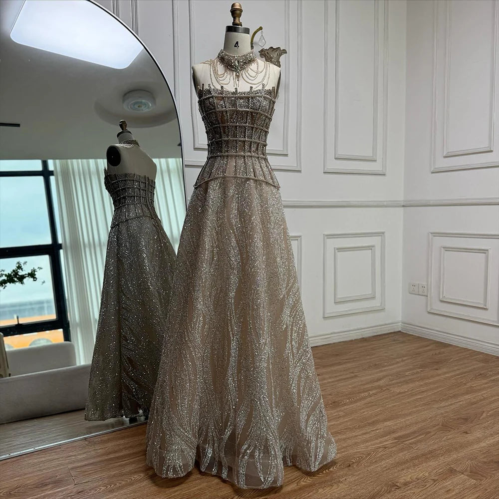 Luxury Nude Beaded A-Line Evening Dress for Women Formal Occasion LA73163