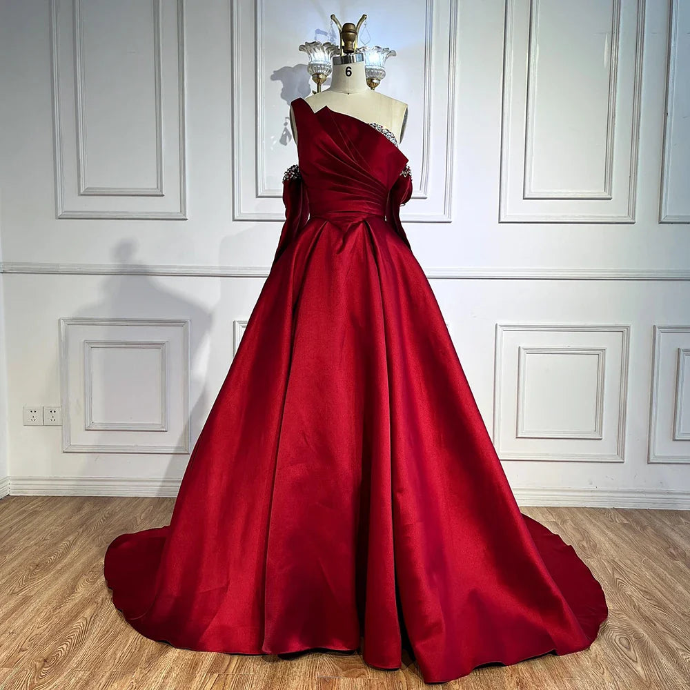 Luxury Black Satin One Shoulder Beaded A-Line Evening Dress LA72741