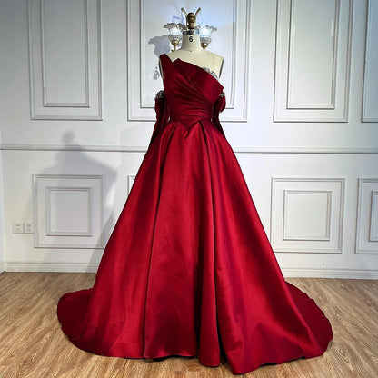 Luxury Black Satin One Shoulder Beaded A-Line Evening Dress LA72741