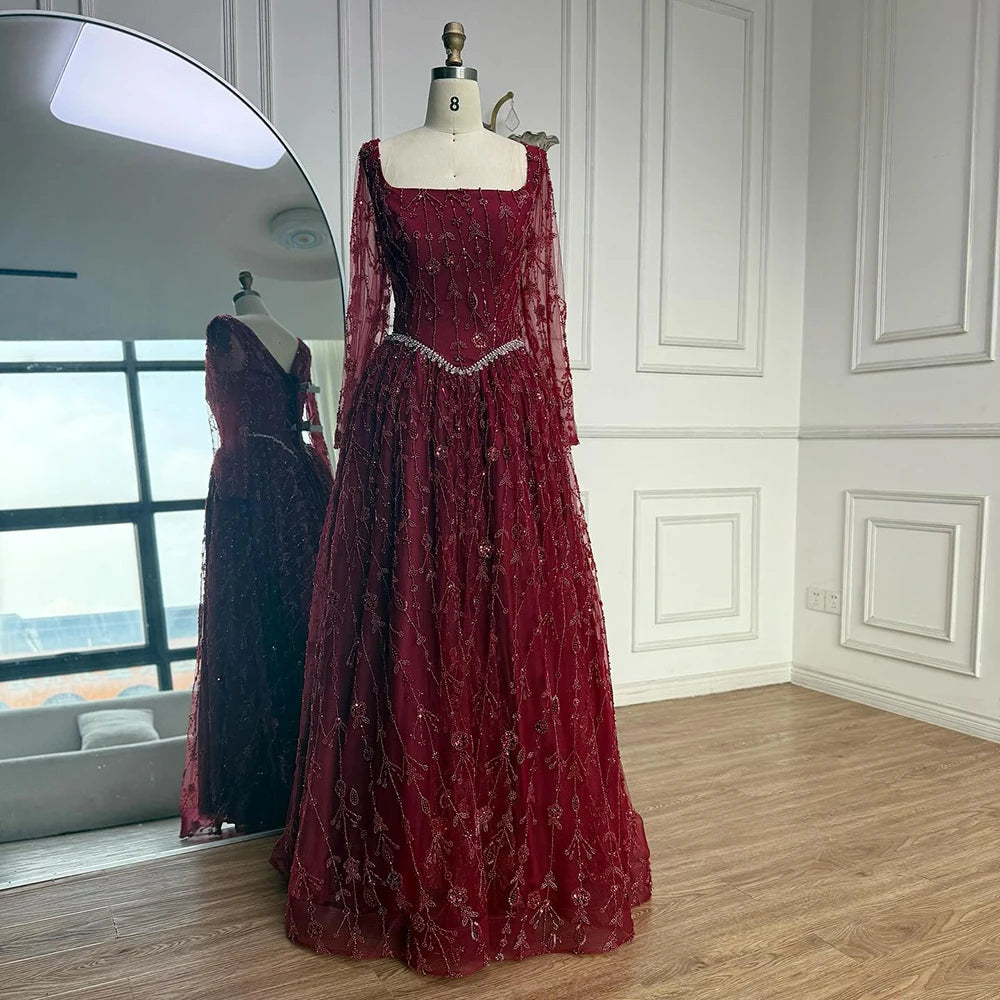 שמלת ערב יוקרתית בצבע ירוק מרווה עם חרוזים ושרוולים ארוכים LA72805B 