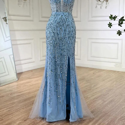 Luxury Silver Nude Beaded Evening Dress with Spaghetti Straps and High Slit LA72047C