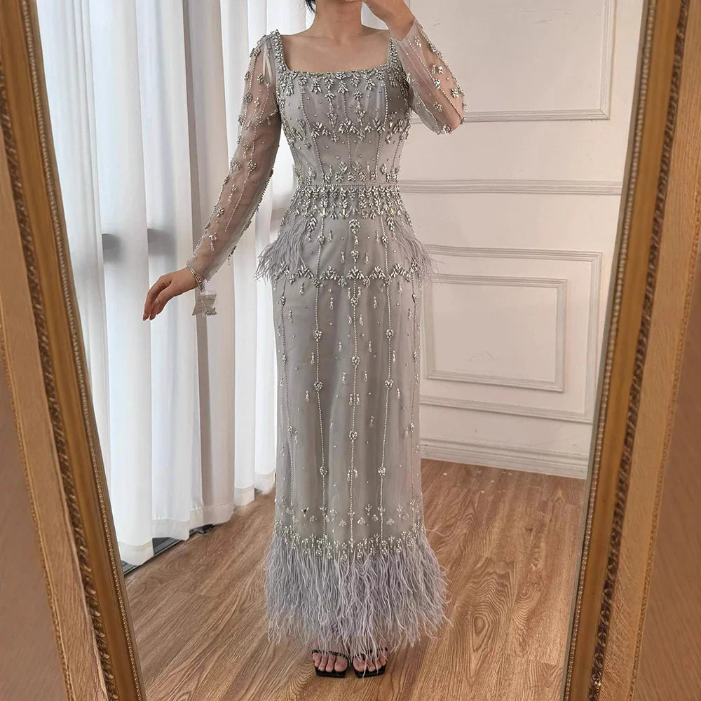 Muslim Luxury Feather Ankle Evening Dress with Long Sleeves LA71722