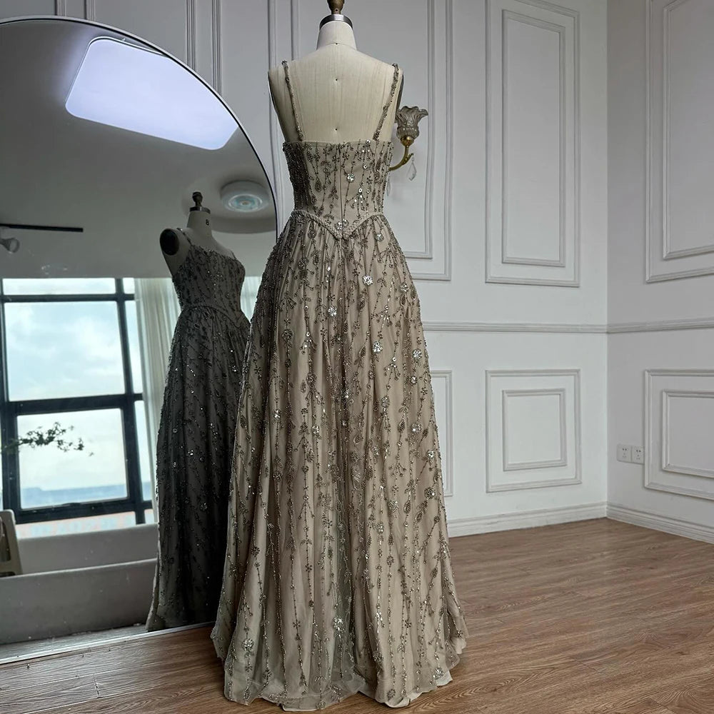 Luxury Sage Green Beaded A Line Spaghetti Strap Evening Dresses Gown LA72805