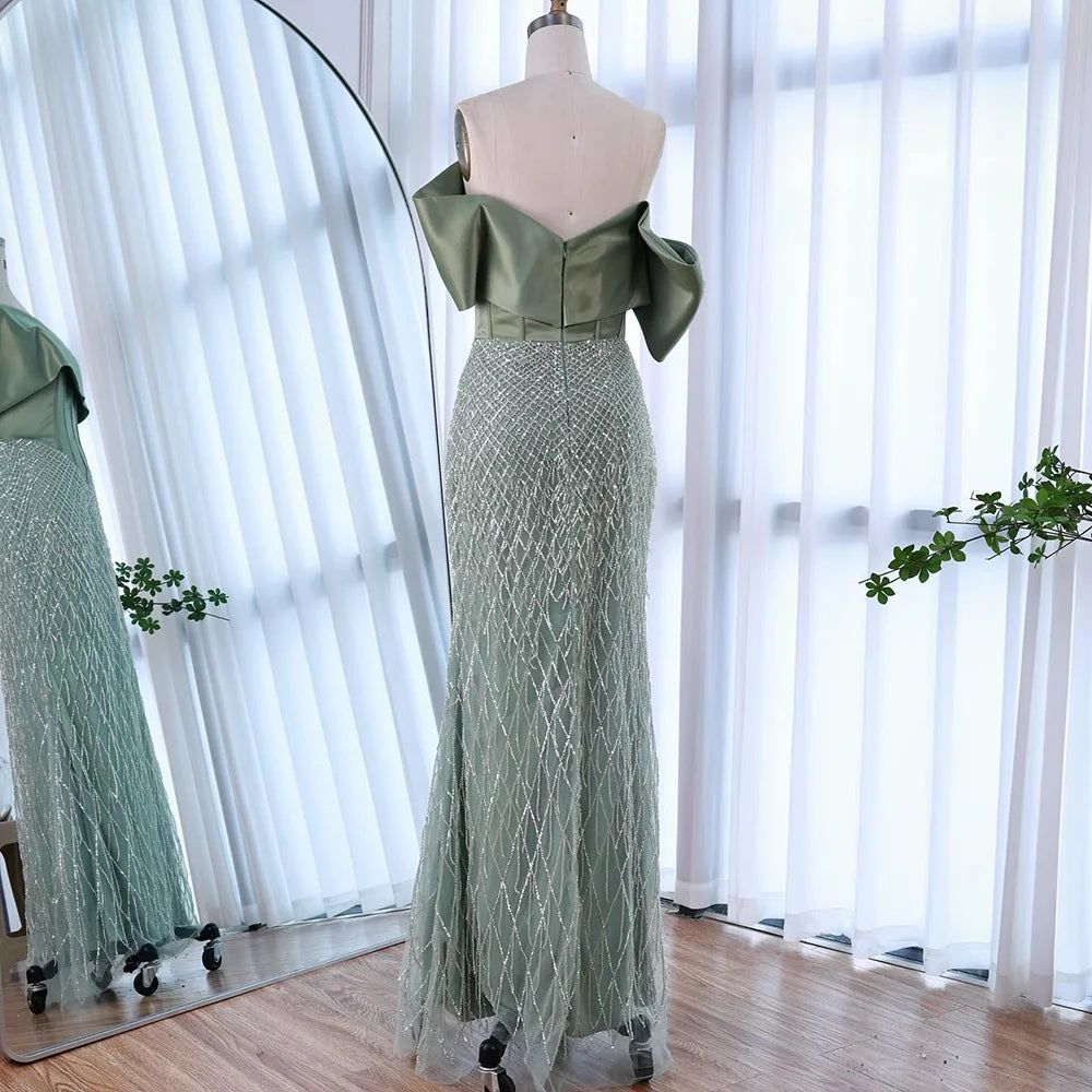 Sage Green Off Shoulder Tassel Beaded Mermaid Evening Dress LA73037