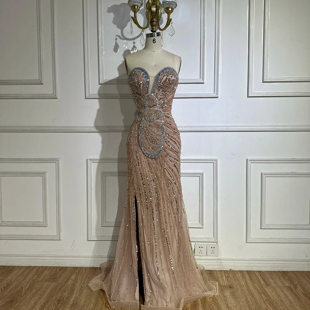 Luxury Arabic Pink Mermaid Evening Dress With High Split LA72480