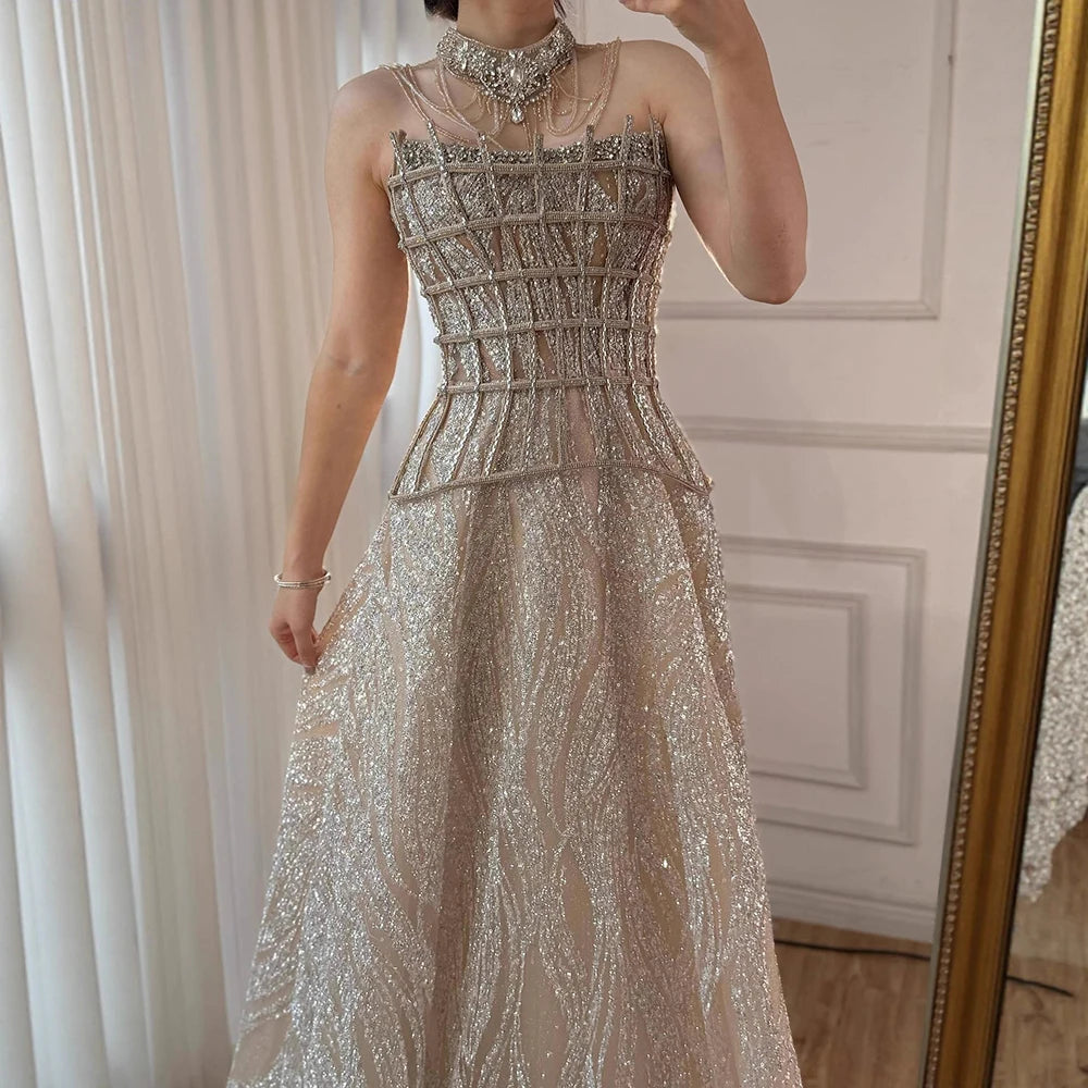 Luxury Nude Beaded A-Line Evening Dress for Women Formal Occasion LA73163