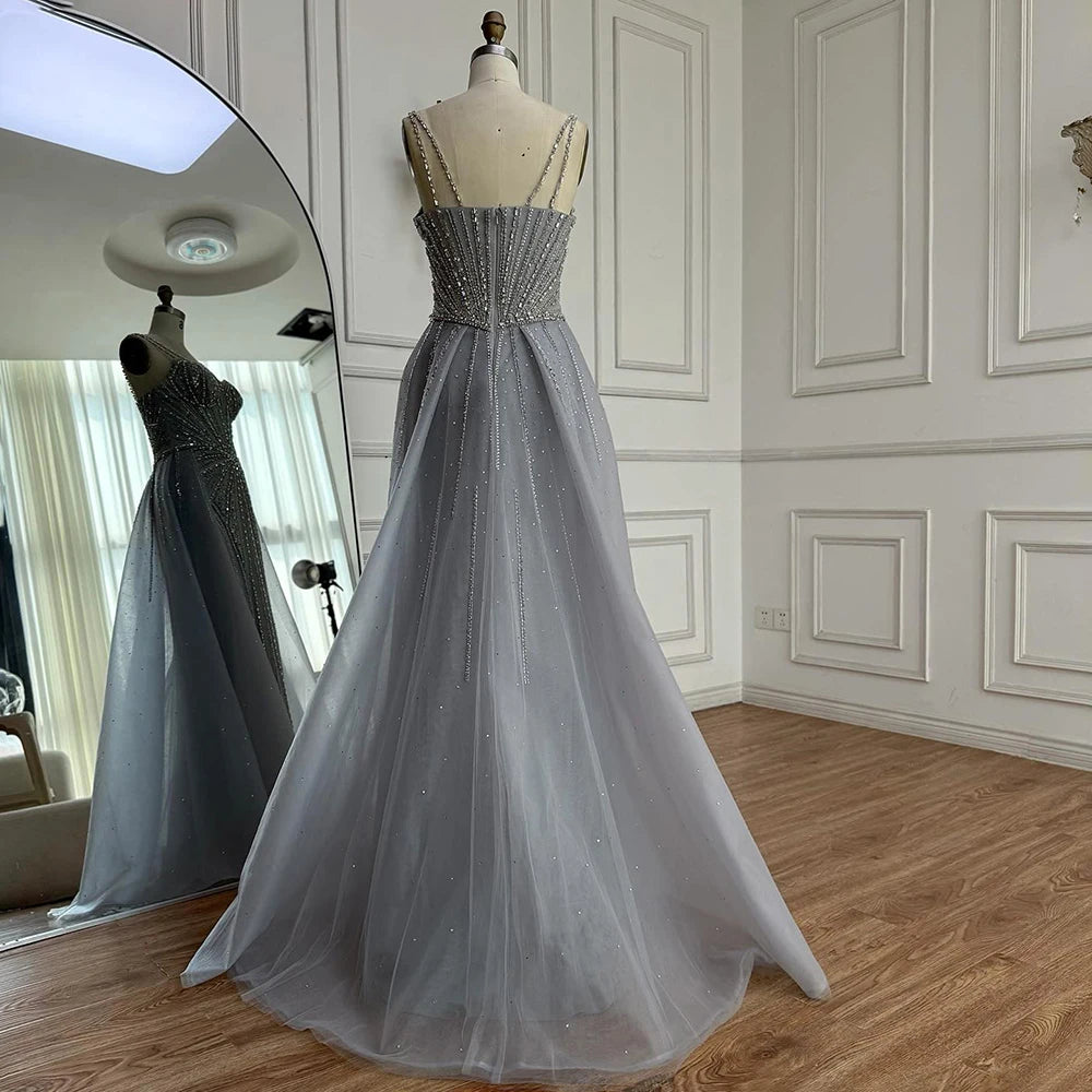 שמלת ערב בתולת ים ללא כתפיות וחרוזים בגוון עירום עם חצאית עליונה LA73090 