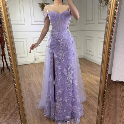 Lilac Off Shoulder   Beaded High Slit Tulle Gown LA72874