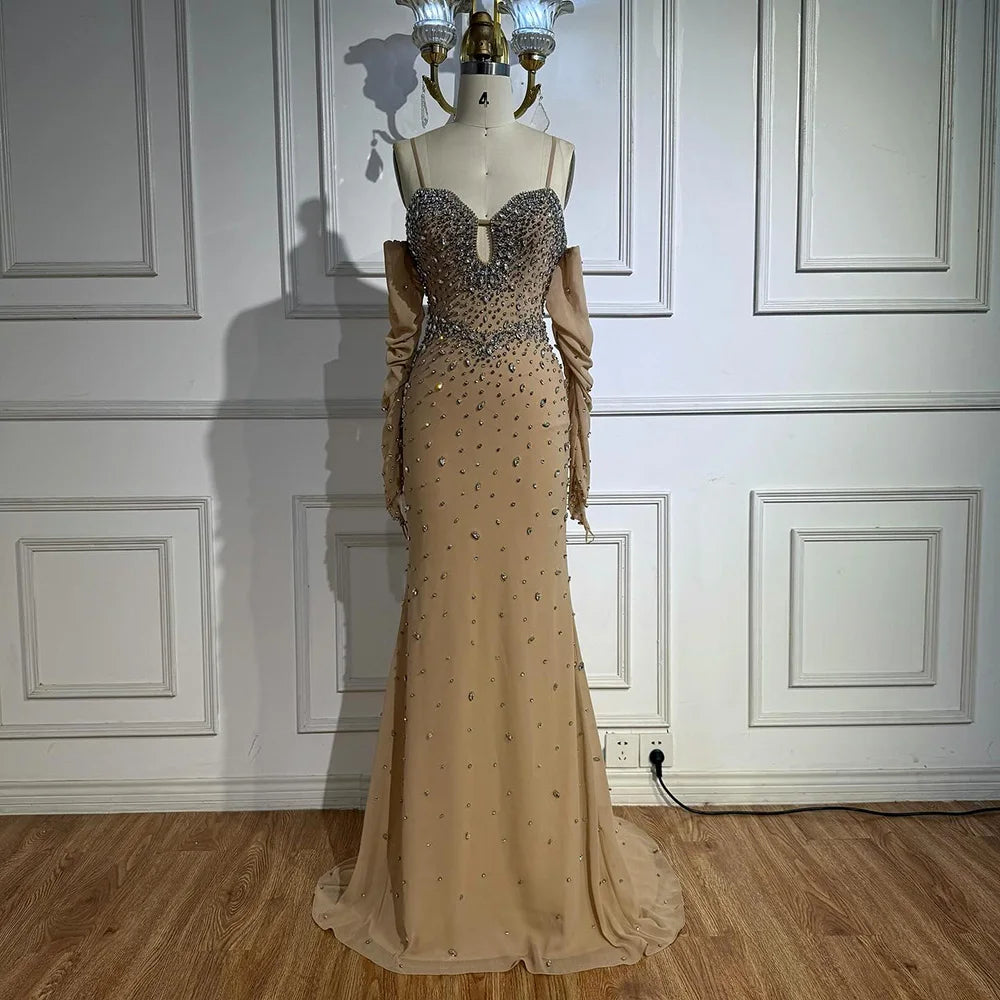 Luxury Nude Beaded Mermaid Dress with Detachable Sleeves LA73065