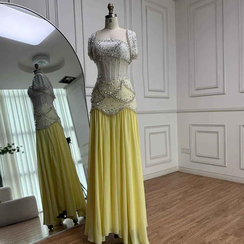 Luxury Yellow Pearls A-Line Evening Dress with Flowing Coat LA72978