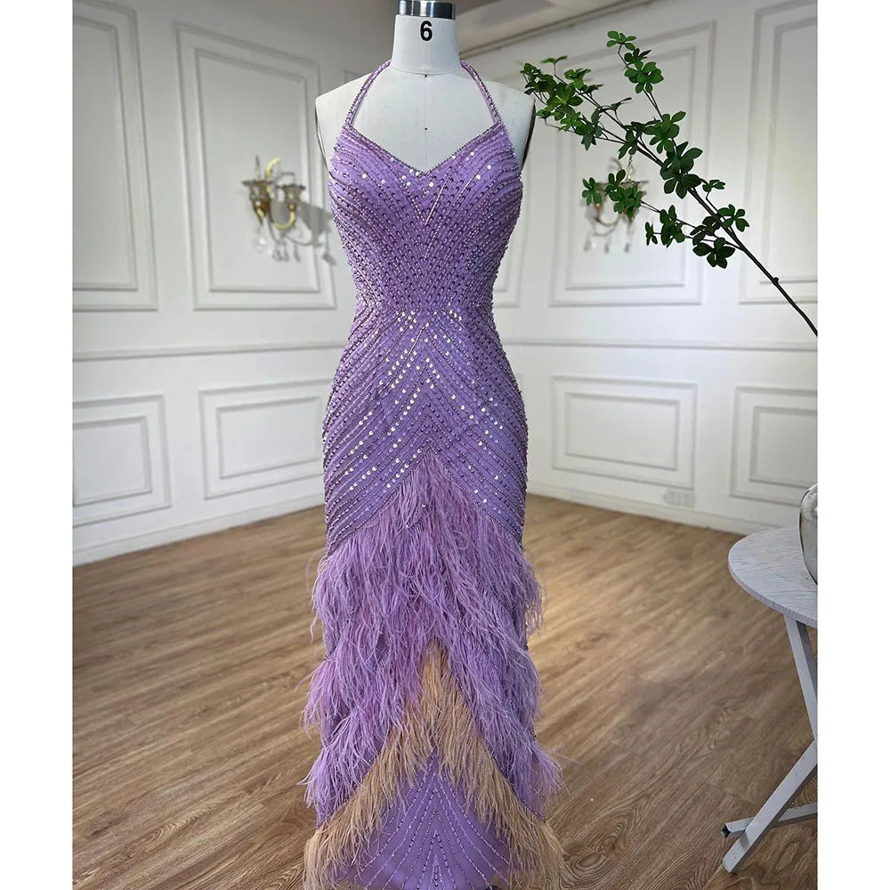 Lilac Feather Halter Mermaid Luxury Dubai Evening Dress LA72056