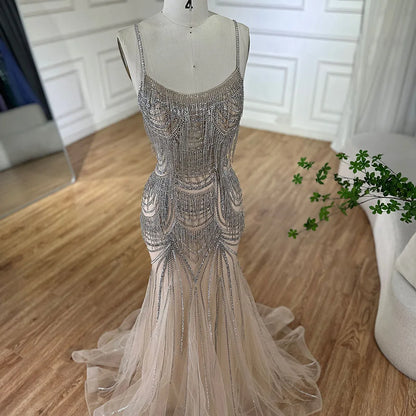 Luxury Nude Pink Crystal Tassel Mermaid Evening Dress LA72772