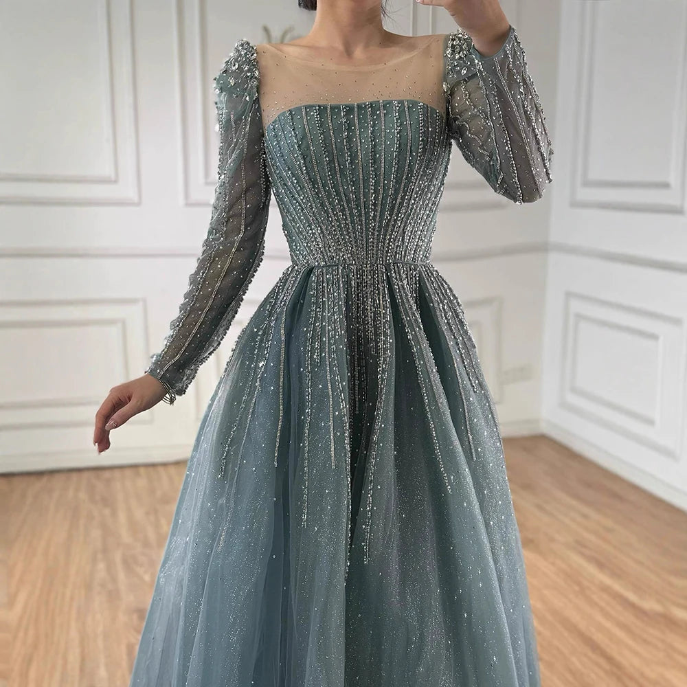 Luxury Arabic Turquoise A-Line Beaded Evening Dress LA72991A