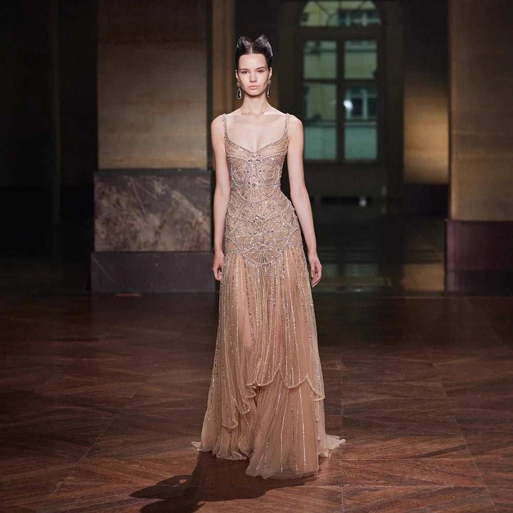 Luxury Nude Spaghetti Strap Beaded A line Evening Dress LA73189
