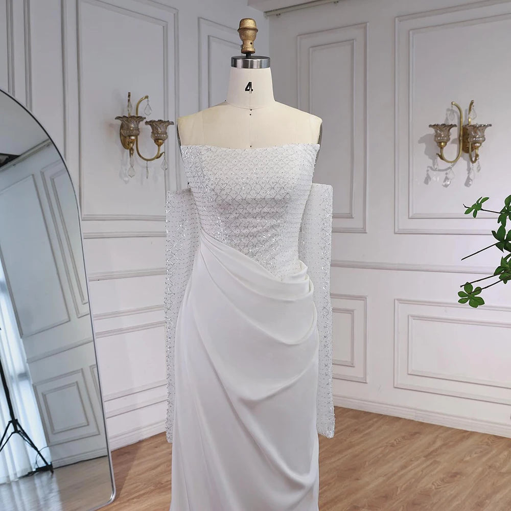 White   Beaded Evening Dress with Detachable Sleeves LA72293A