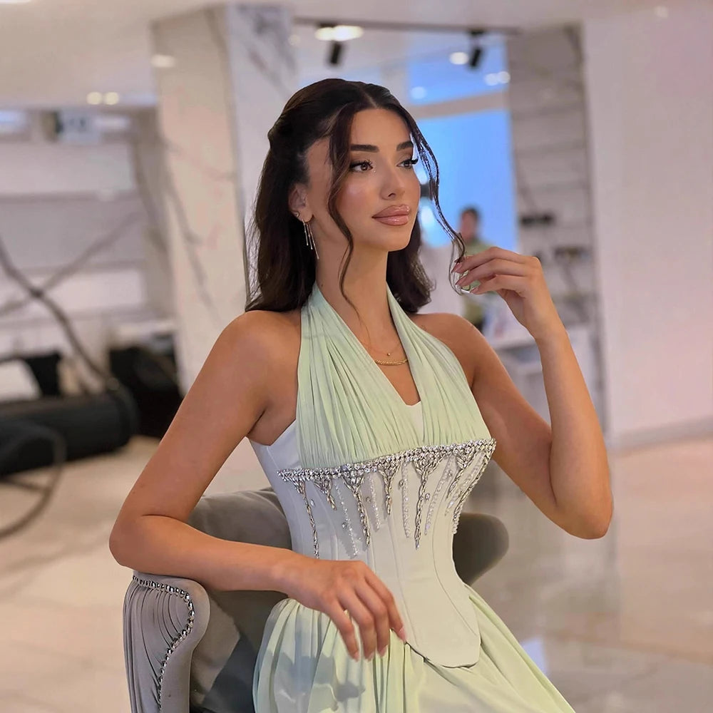 Luxury Designer Sage Green Chiffon Halter Beaded   Evening Dress LA73074