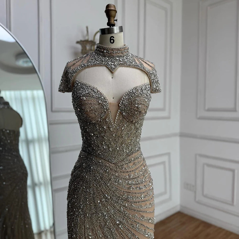 שמלת ערב בתולת ים עם צווארון גבוה וניתן להסרה בחרוזים LA73087 