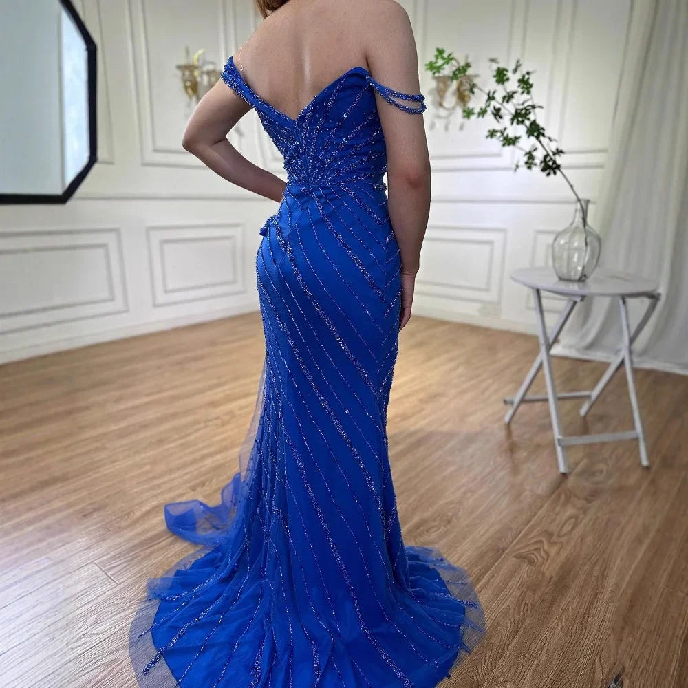 Luxury Blue Beaded Mermaid Evening Dress with Split LA71663