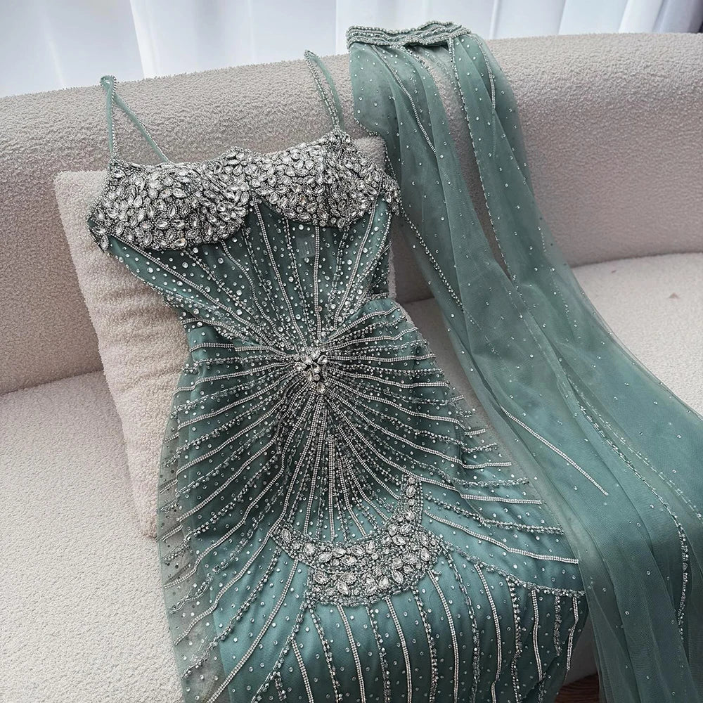 Luxury Turquoise Crystal Beaded Evening Dress with Cape LA73202