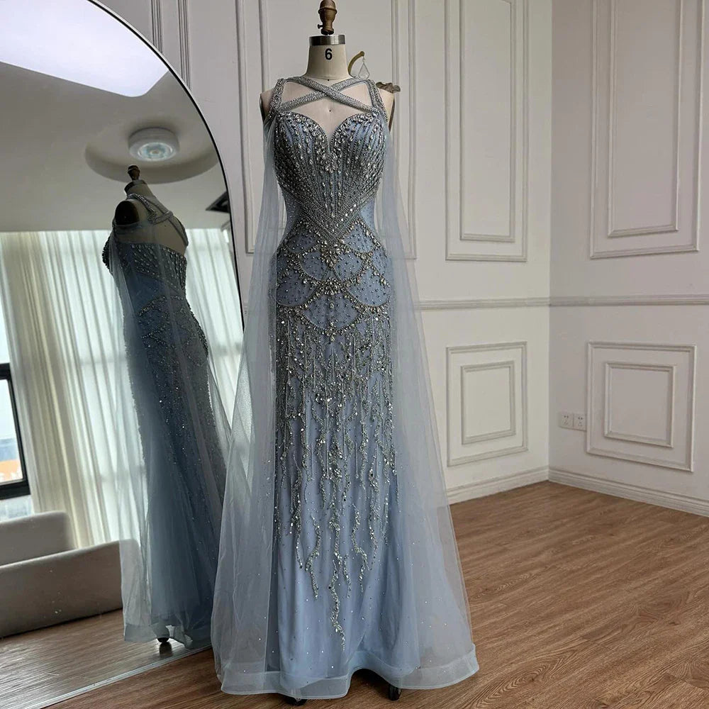 Luxury Nude Cape Sleeves Beaded Crystal Evening Dress LA72806