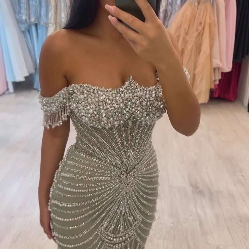 Luxury Sage Green Pearls Beaded Mermaid Evening Dress Off Shoulder LA73148