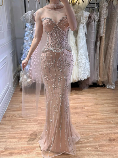 Luxury Nude Beaded Mermaid Evening Dress LA73336