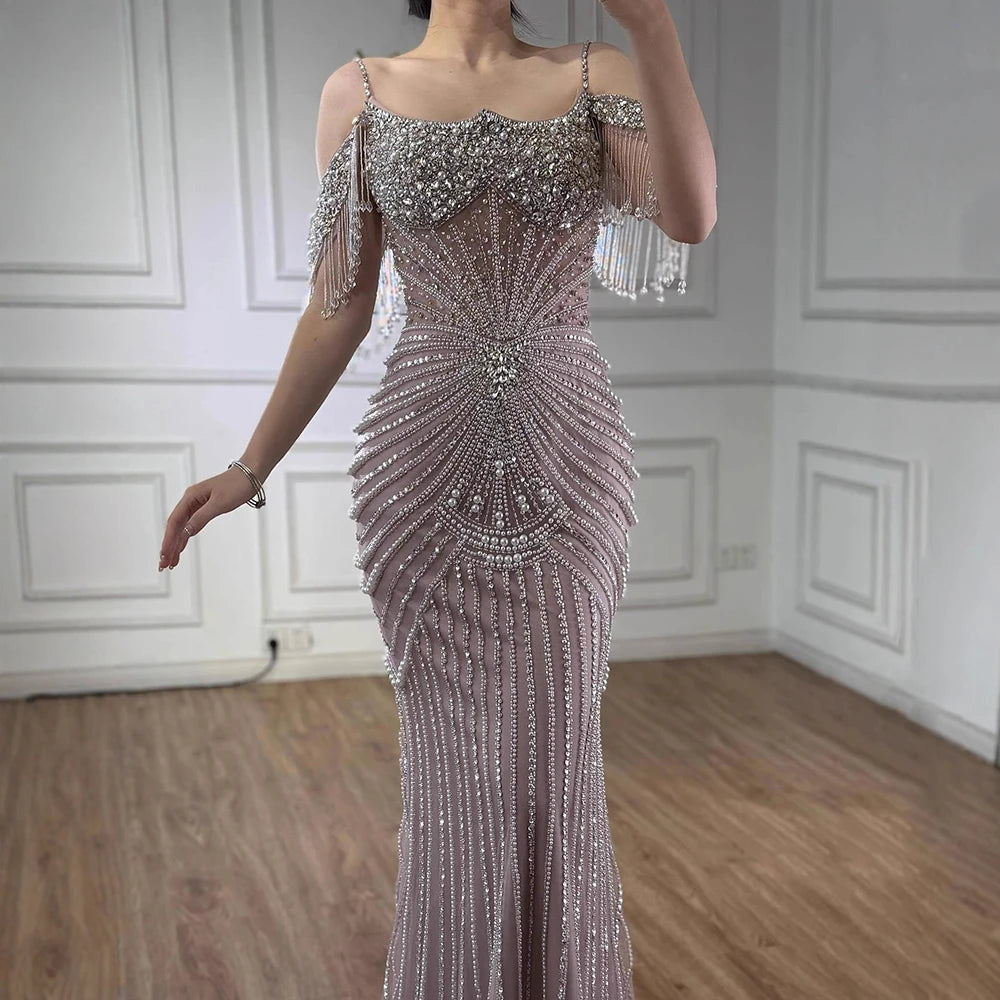 Luxury Sage Green Pearls Beaded Mermaid Evening Dress Off Shoulder LA73148