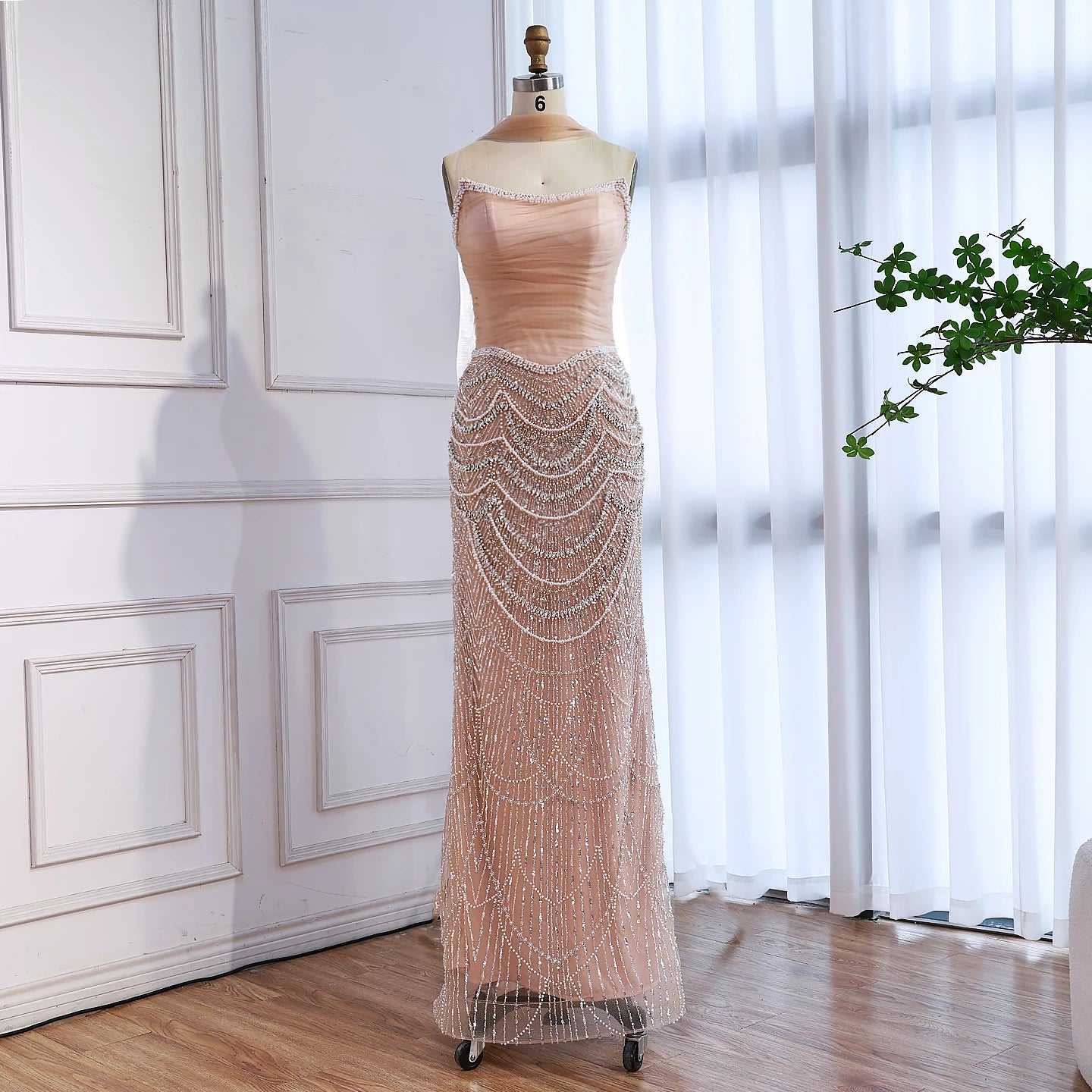 Luxury Nude Mermaid Crystal Evening Dress for Wedding Guest LA73320