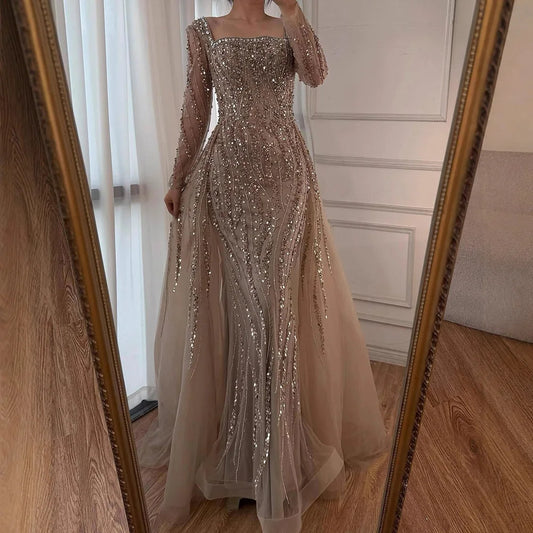 Luxury Arabic Caramel Beaded Mermaid Evening Dress with Overskirt LA72710A