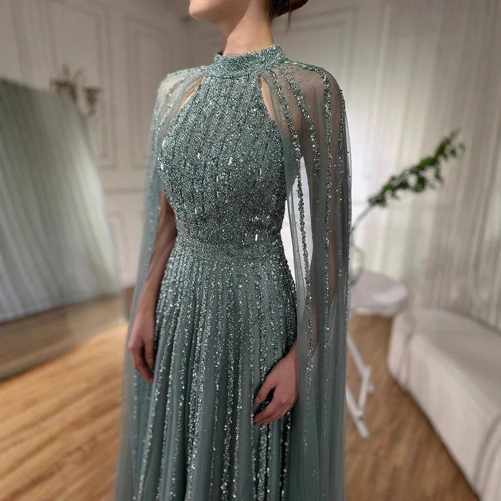 Luxury Caramel Beaded A-Line Evening Dress with Cape Sleeves LA72306B