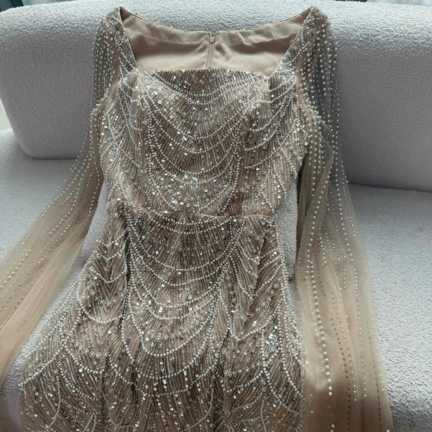 Luxury Dubai Nude Modest Muslin A-Line Evening Dress Plus Size LA72590B