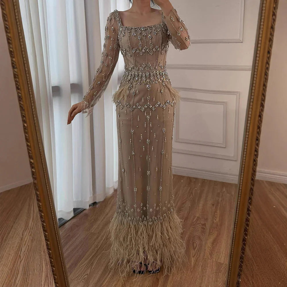 Muslim Luxury Feather Ankle Evening Dress with Long Sleeves LA71722