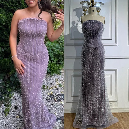 Elegant Crystal Beaded   Lilac Mermaid Evening Gown LA72950
