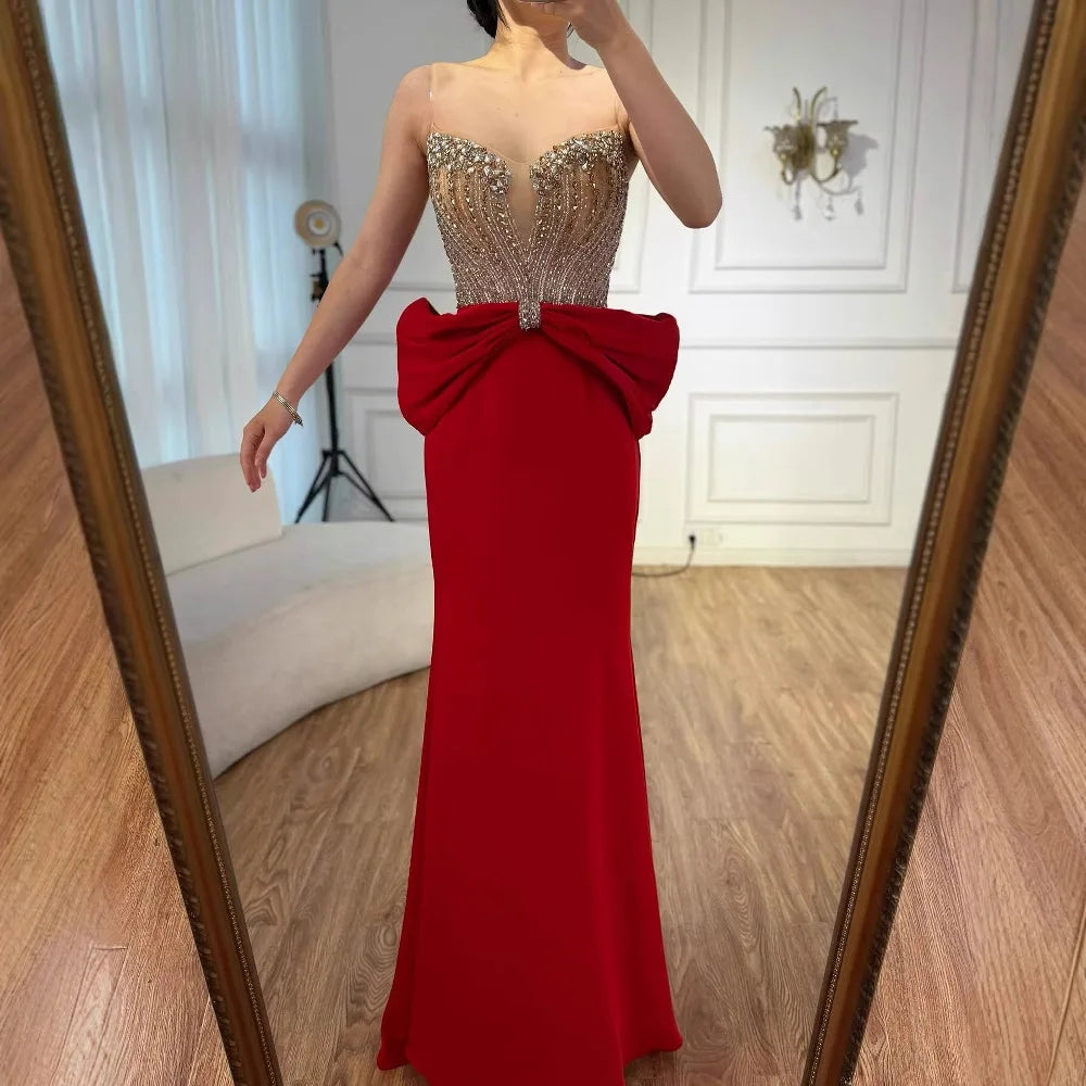 Luxury Red Satin Evening Dress with Bow Designer Gown LA73060