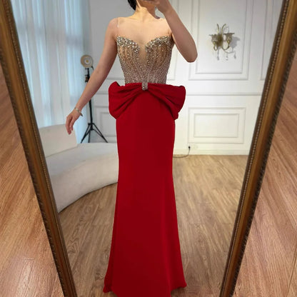 Luxury Red Satin Evening Dress with Bow Designer Gown LA73060