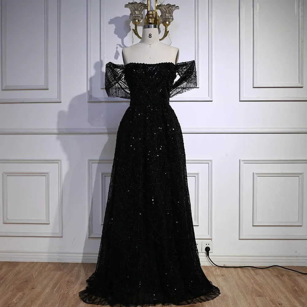 Luxury Nude Off Shoulder A-Line Evening Gown with Pearl Beading LA72738A