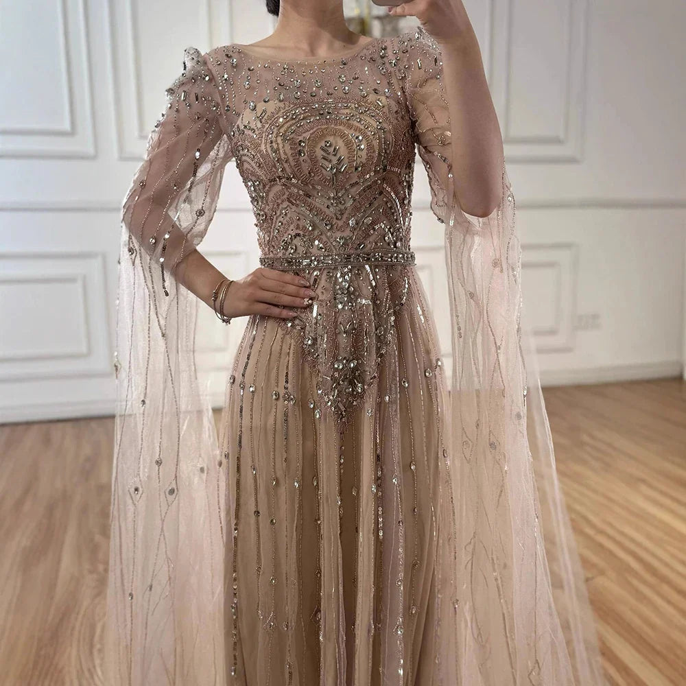 Luxury Designer Blue Beaded Stone Arabic Evening Dress With Cape Sleeve LA72635