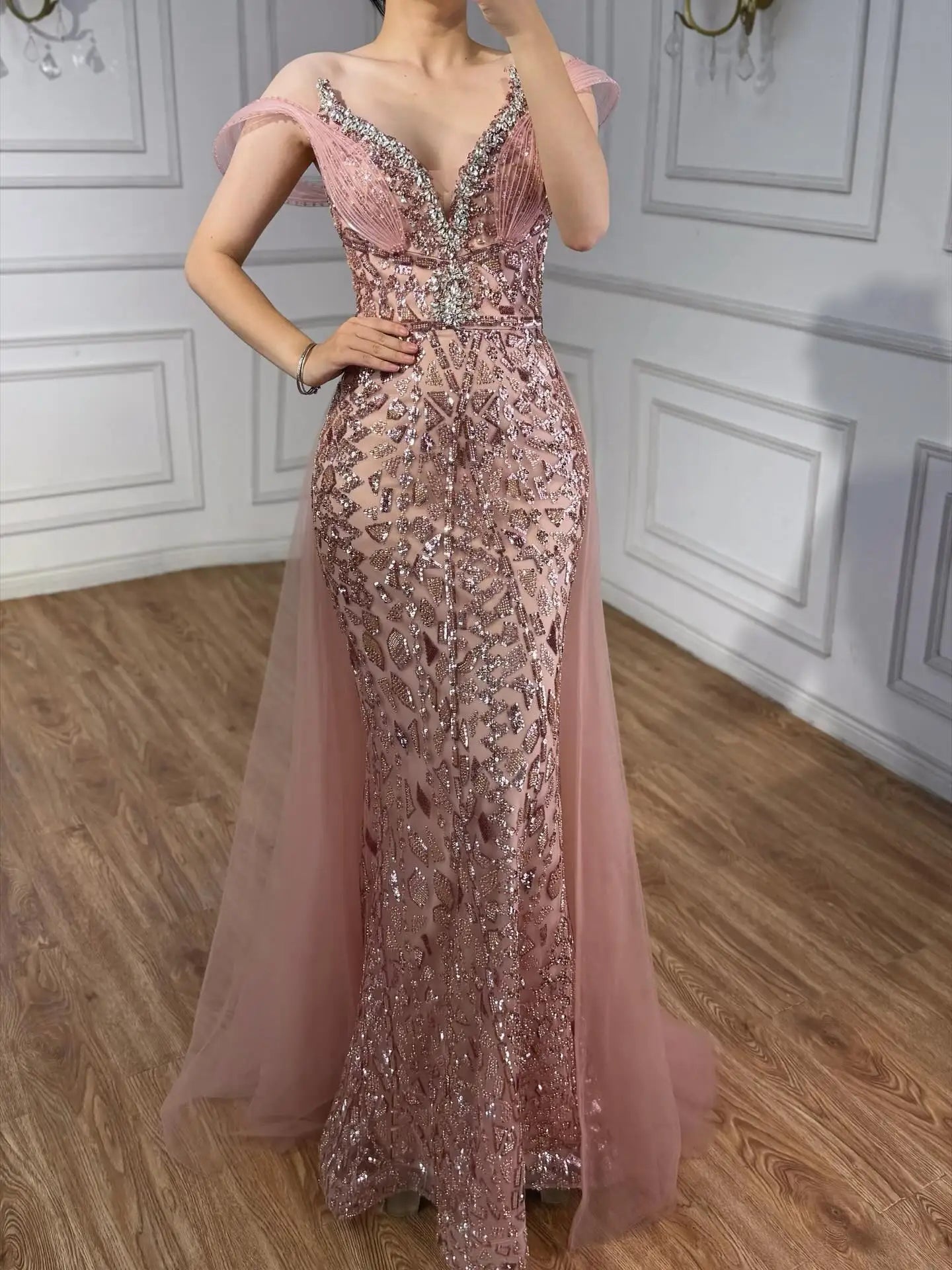 Serene Hill Pink Beaded Off Shoulder Evening Dress LA73413