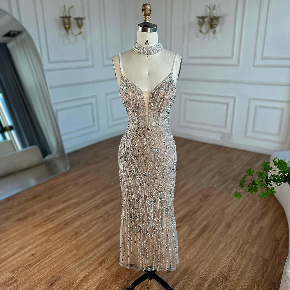 White Nude Beaded Mermaid Evening Dress with Spaghetti Straps LA72047D