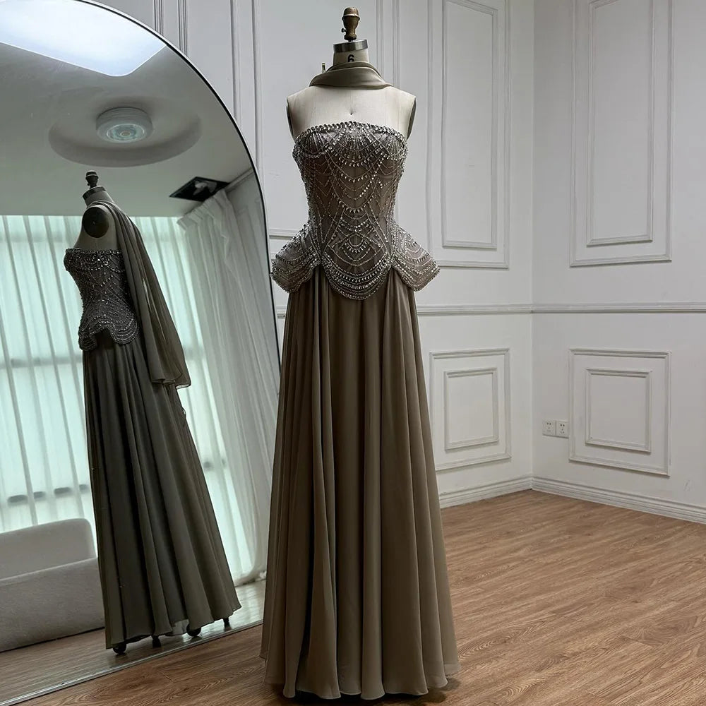 Luxury Designer Nude Beaded Chiffon Evening Dress Wedding LA72915